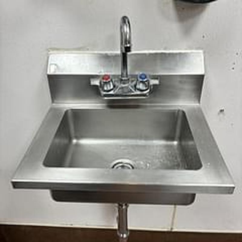 Stainless steel hand sink with faucet and drain repairs Stainless steel hand sink with faucet and drain repairs