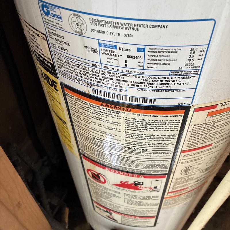 US Craftmaster 30 Gallon Natural Gas Water Heater label
