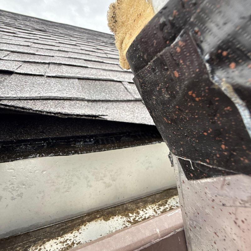 Asphalt shingle edge with damaged flashing and gutter buildup
