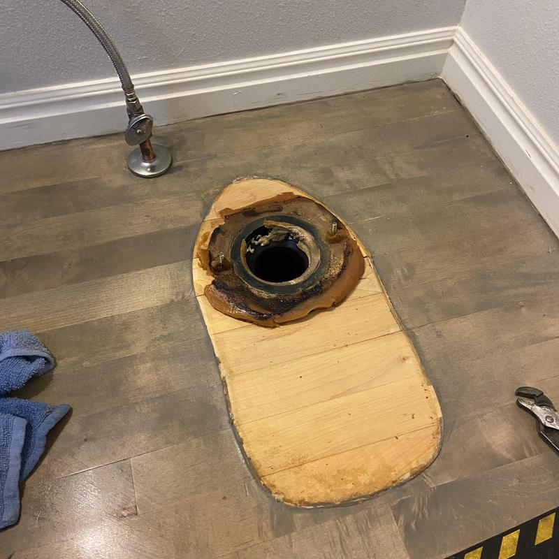 Toilet flange on damaged bathroom floor wood panels
