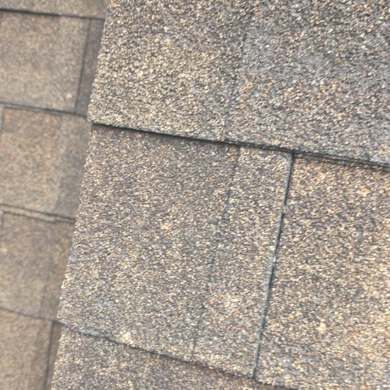 Architectural shingle roof close-up showing granule wear