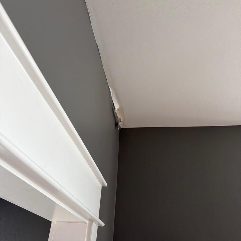 Ceiling drywall corner with water damage and peeling paint