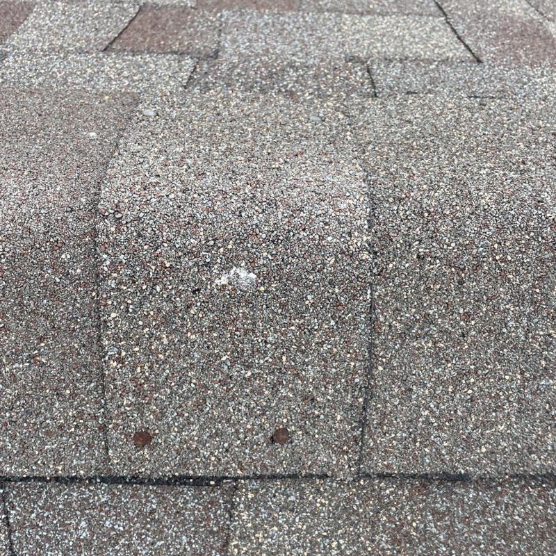 Roof shingles with exposed rusty nails and granule loss