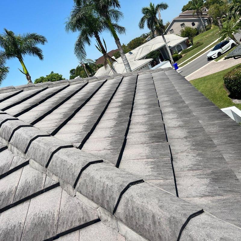 Concrete tile roof with weathering and discoloration Concrete tile roof with weathering and discoloration