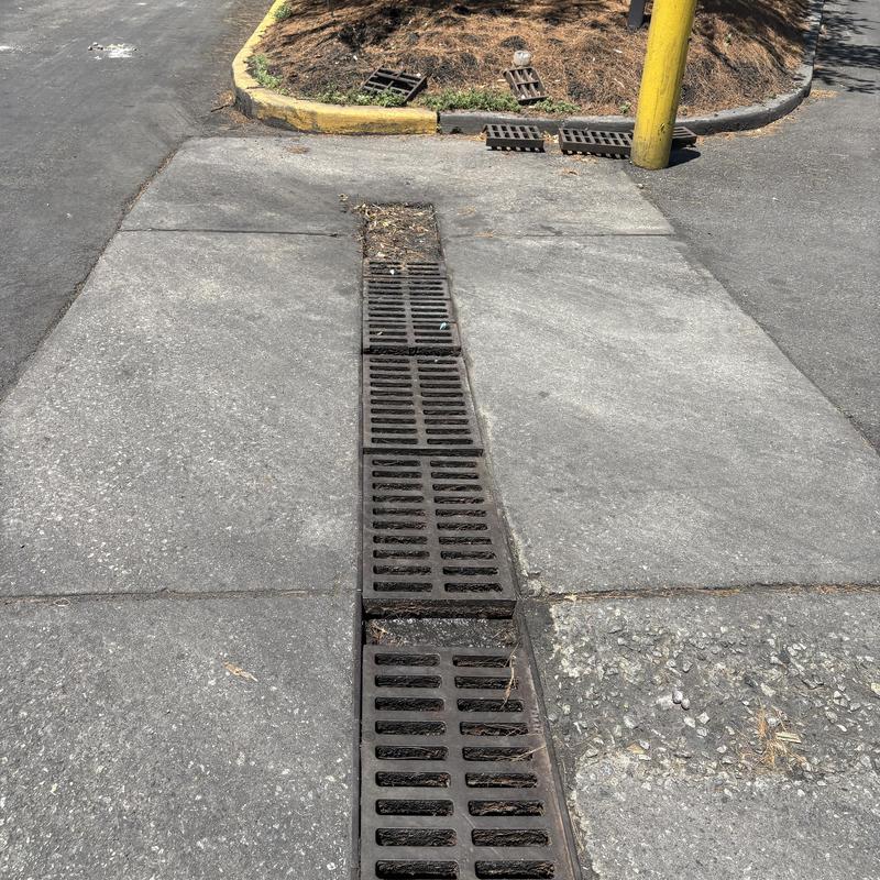 Linear drain with metal grates on concrete sidewalk Linear drain with metal grates on concrete sidewalk