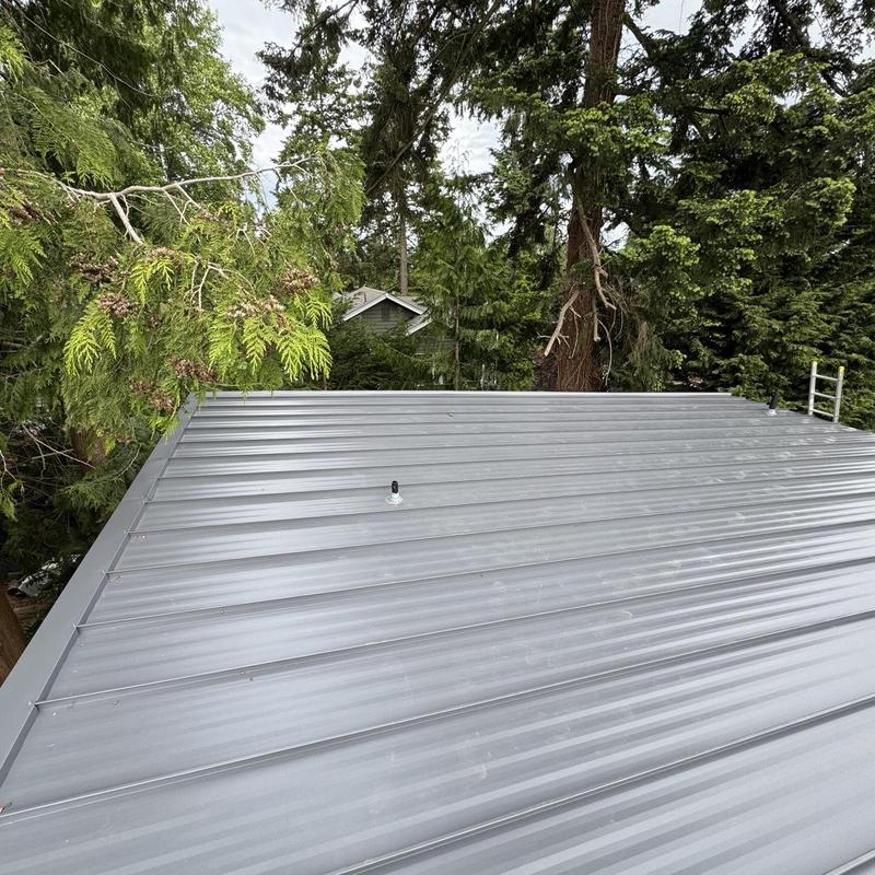 Metal roof panels on residential home in forested area