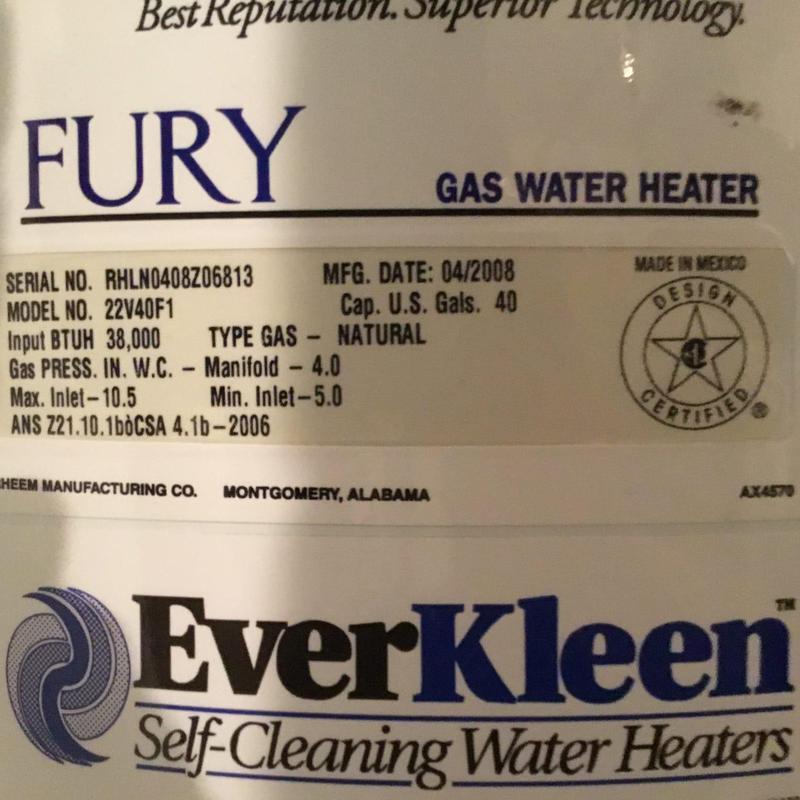 40 gallon Fury natural gas water heater label 40 gallon Fury natural gas water heater label