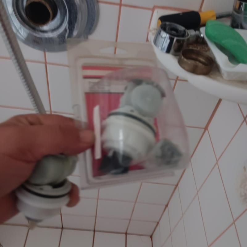 Shower valve cartridge held near shower drain and tiles