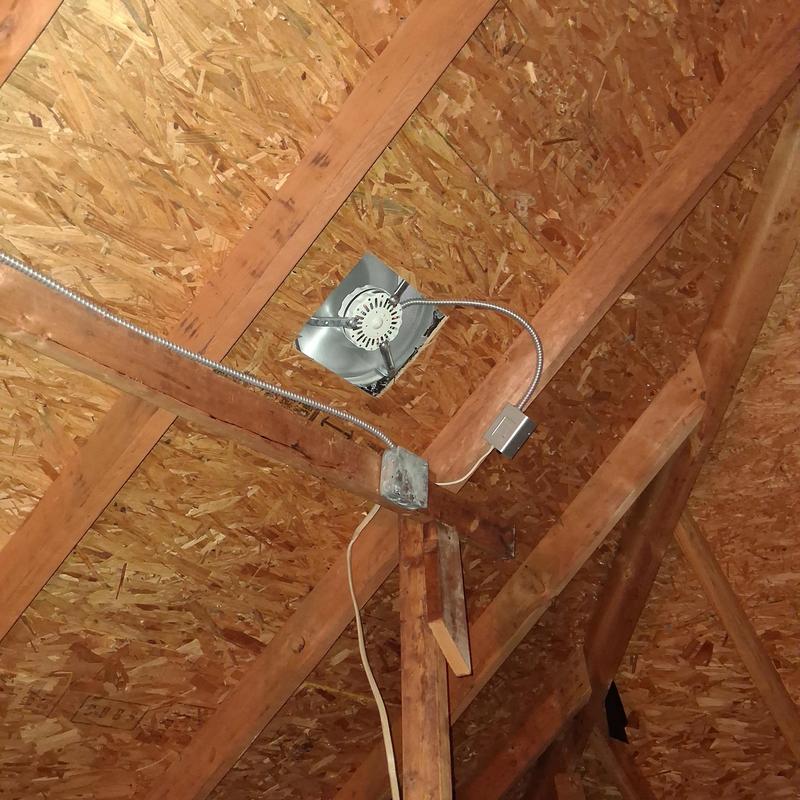 Attic exhaust ventilation fan installation with wiring