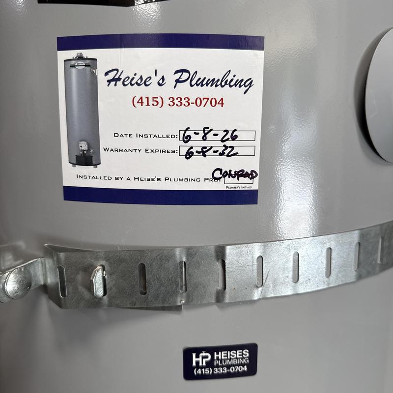 50-gallon water heater with installation label