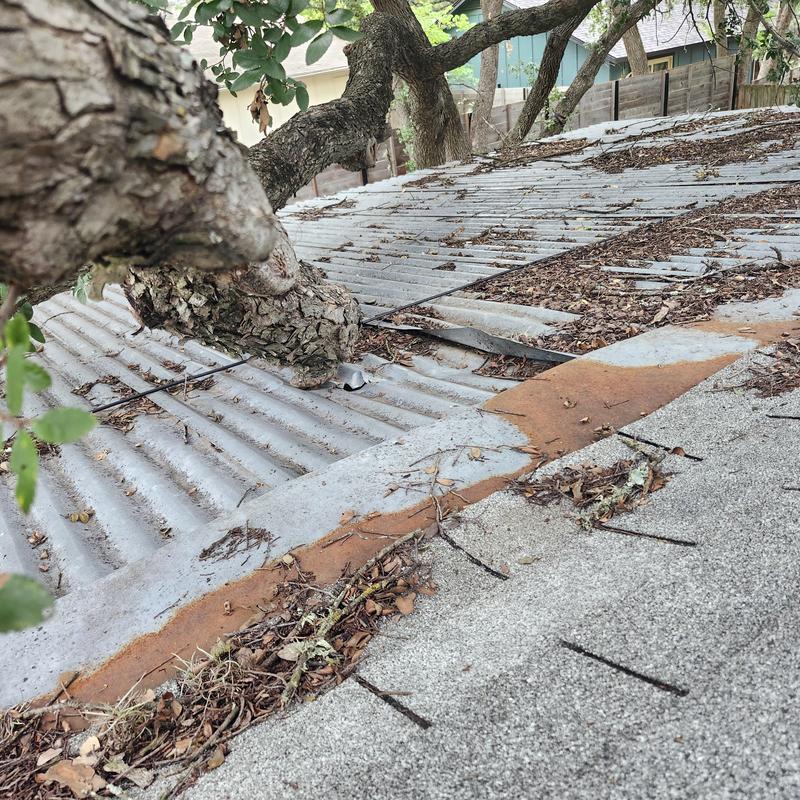 Metal R-panel roof punctured by tree branch Metal R-panel roof punctured by tree branch