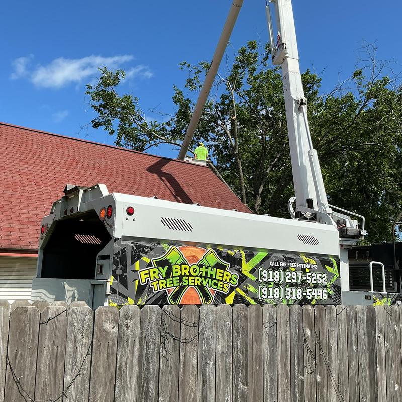 Bucket truck tree trimming over roof and fence Bucket truck tree trimming over roof and fence