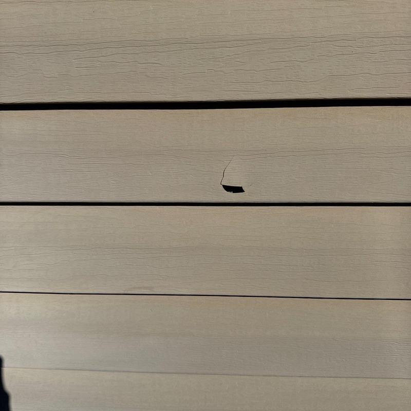Siding panel with puncture damage and cracks