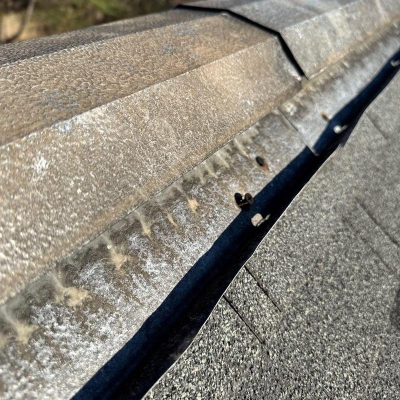 Metal roof ridge flashing with hail damage visible