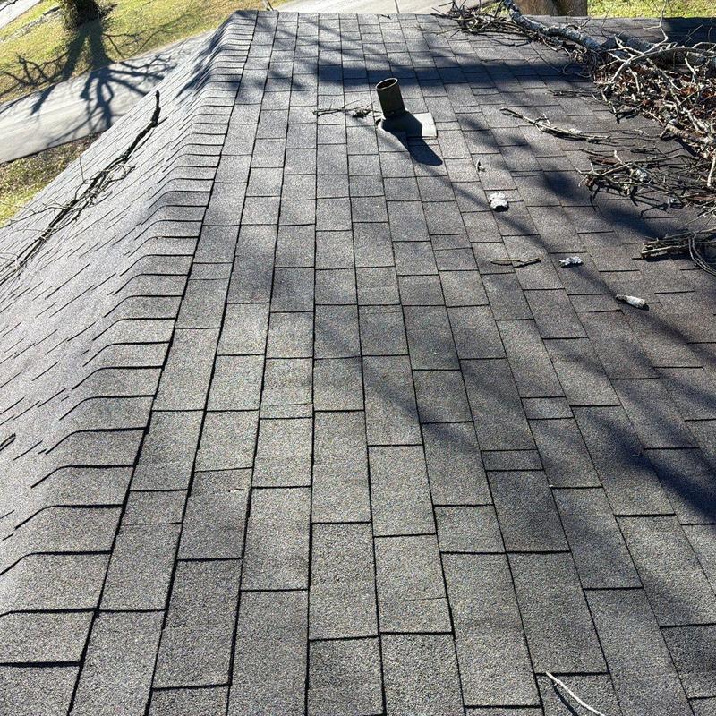 Roof shingles with hail damage and debris on surface