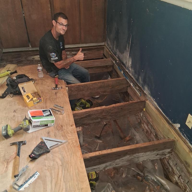 Joist replacement with plywood subfloor installation