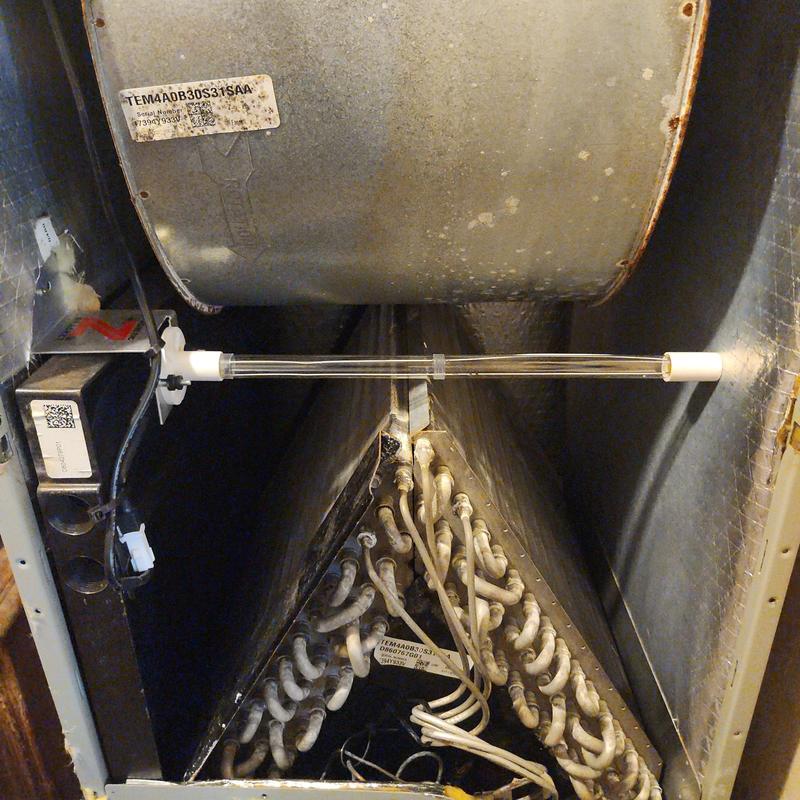 HVAC coil with installed UV light tube and wiring