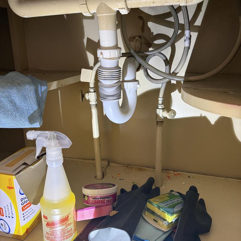 Sink drain pipes with cleaning supplies and gloves under cabinet Sink drain pipes with cleaning supplies and gloves under cabinet