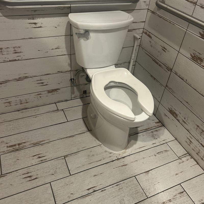 Commercial toilet with seat in rustic bathroom corner Commercial toilet with seat in rustic bathroom corner