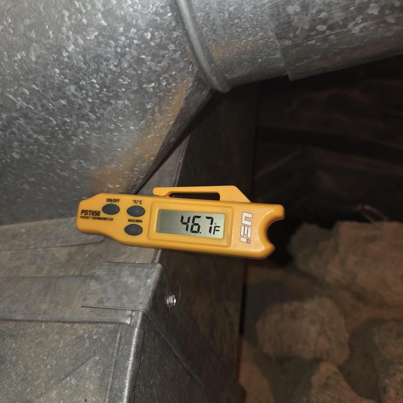 Duct temperature gauge reading 46.7°F during AC inspection Duct temperature gauge reading 46.7°F during AC inspection
