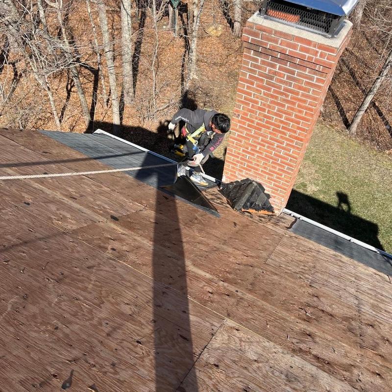 Roof plywood installation near chimney flashing Roof plywood installation near chimney flashing