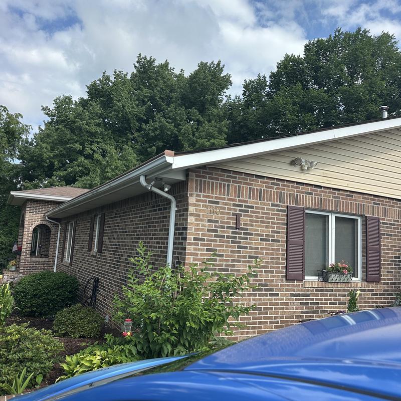 Residential shingle roof with white gutters and brick wall Residential shingle roof with white gutters and brick wall