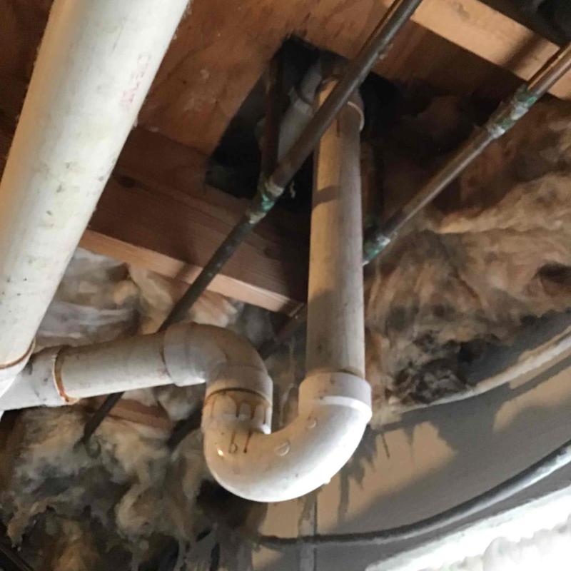 PVC drain pipe leak in basement with insulation PVC drain pipe leak in basement with insulation