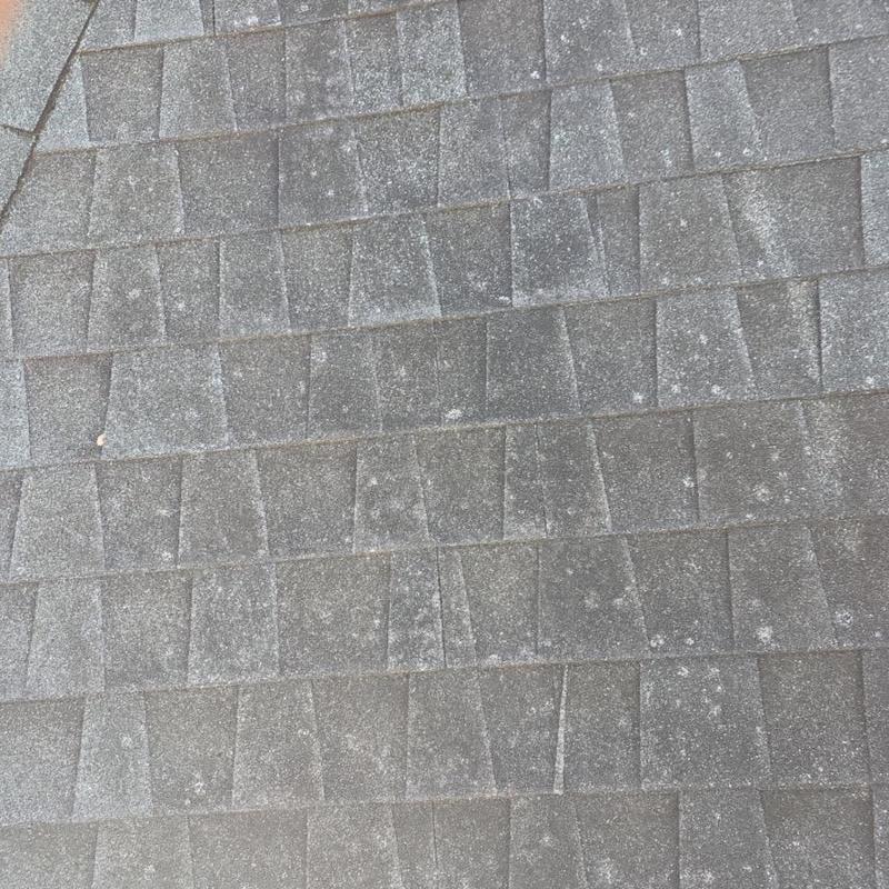 Asphalt shingle roof with weathering and granule loss