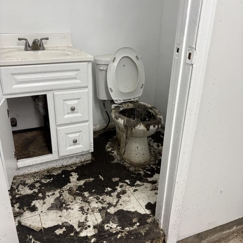 Toilet and floor sanitary drain clog with waste spill Toilet and floor sanitary drain clog with waste spill