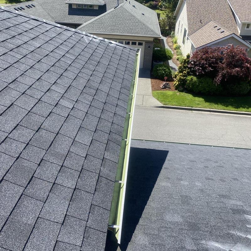 Roof shingles and gutters with cleaning and moss treatment