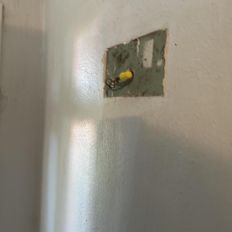 Open electrical splice with wire nut on drywall wall Open electrical splice with wire nut on drywall wall