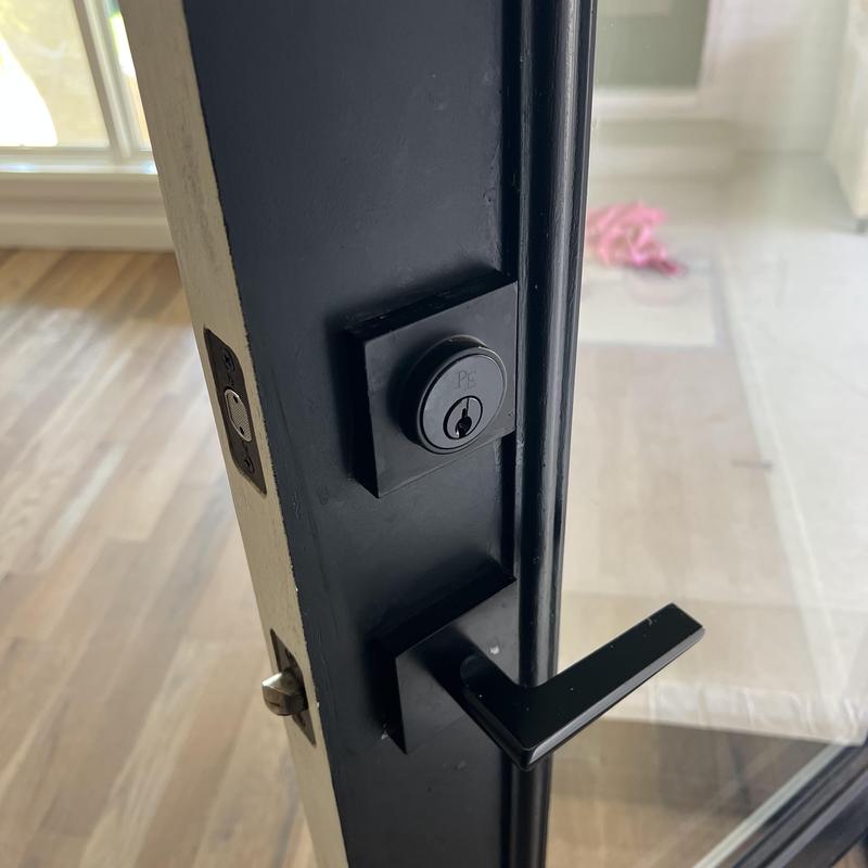 Deadbolt lock and lever handle on black door