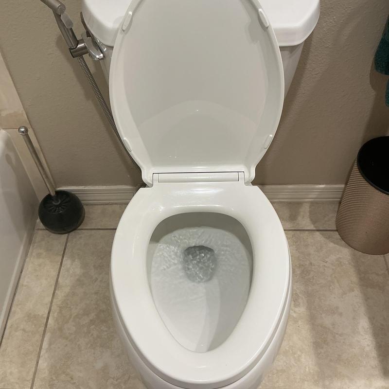 Toilet bowl with open lid and flushing water