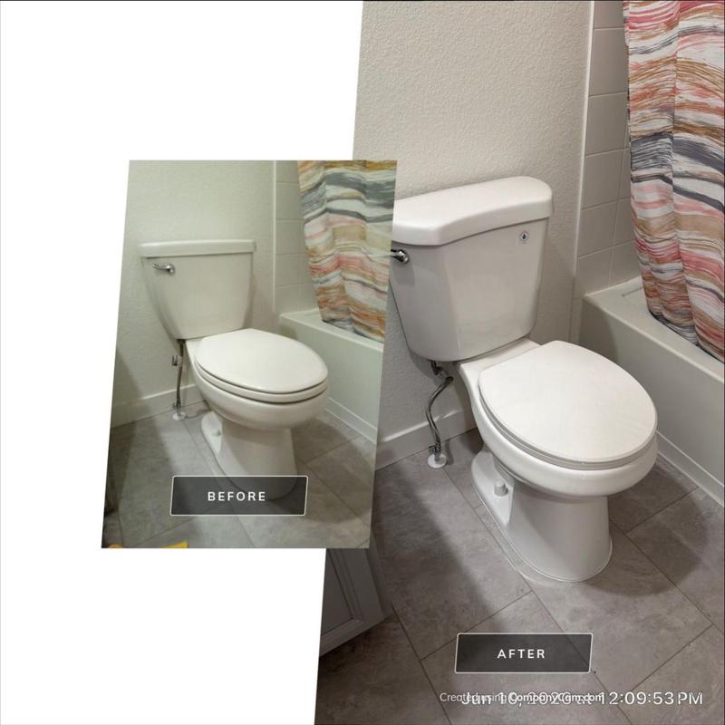 Toilet replacement in bathroom near shower curtain Toilet replacement in bathroom near shower curtain