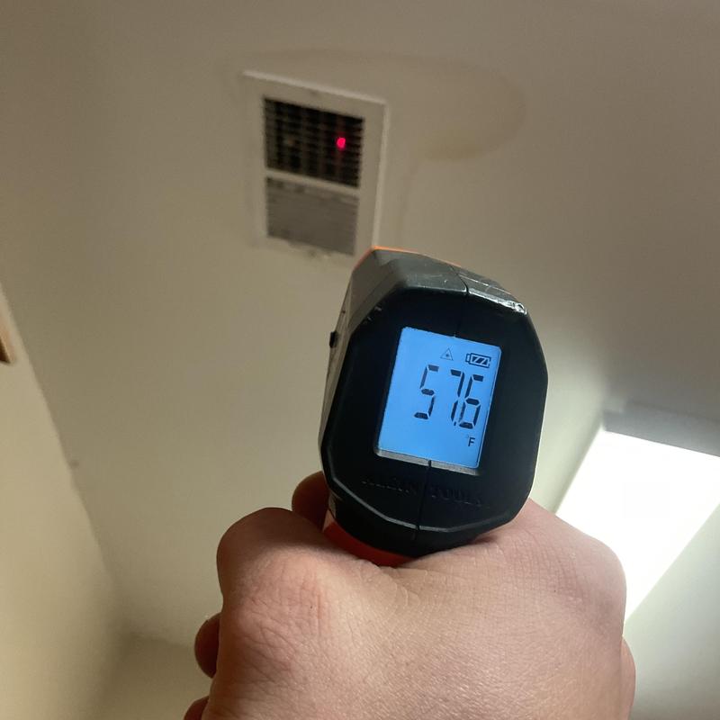 Return air vent temperature checked at 57.6°F Return air vent temperature checked at 57.6°F