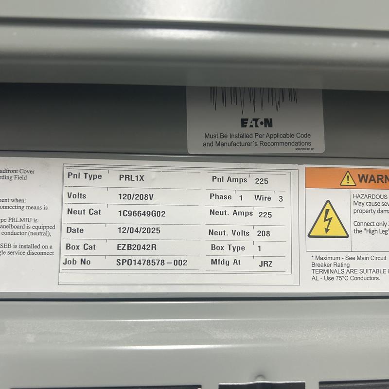 Electrical panel label with specifications and warnings