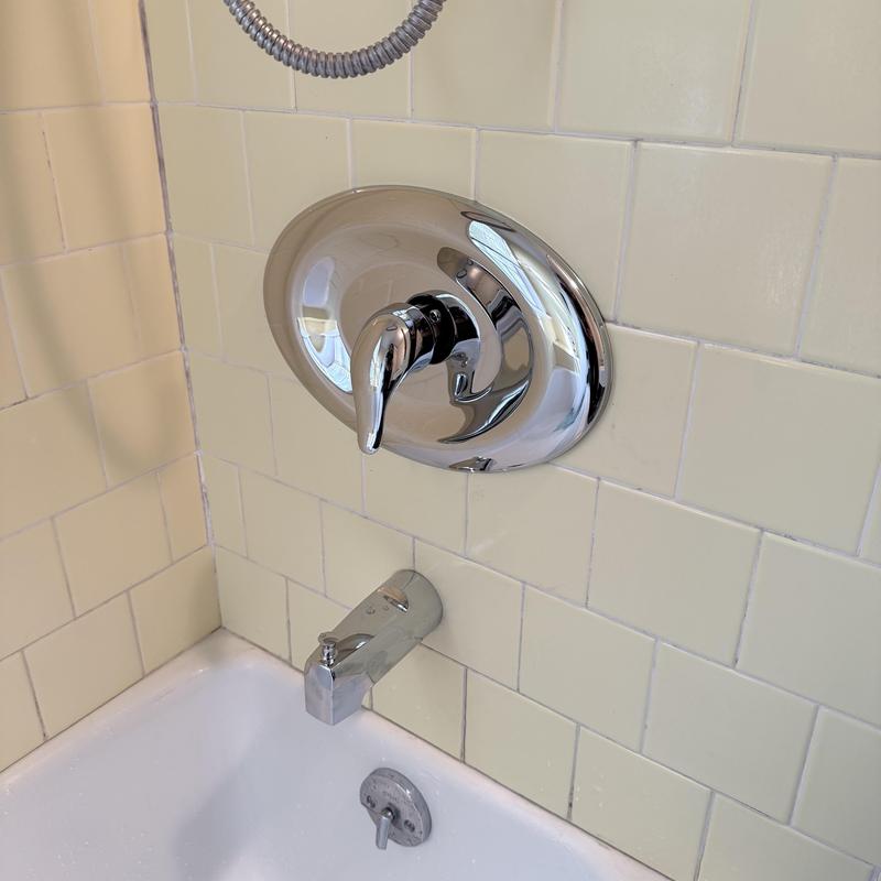 Shower valve and tub spout on tiled wall
