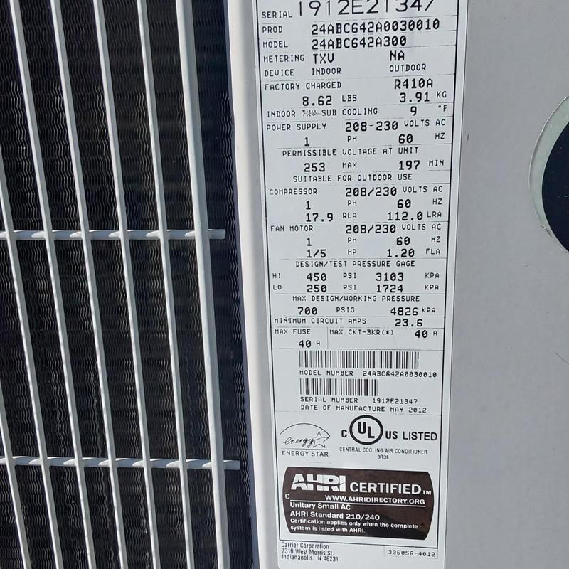 Carrier 24ABC6 air conditioner unit label close-up