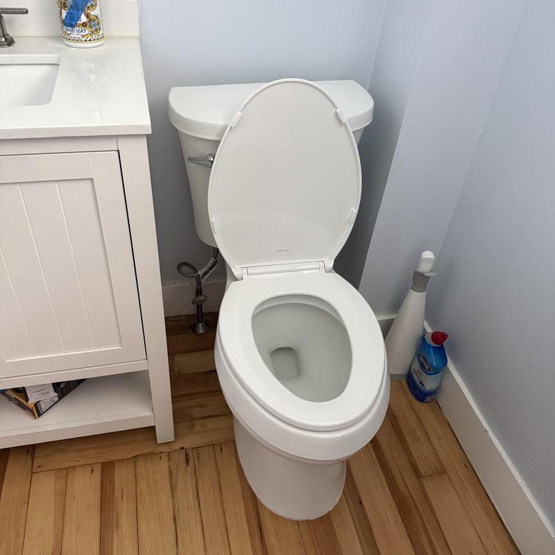 Toilet bowl and tank with open lid in bathroom