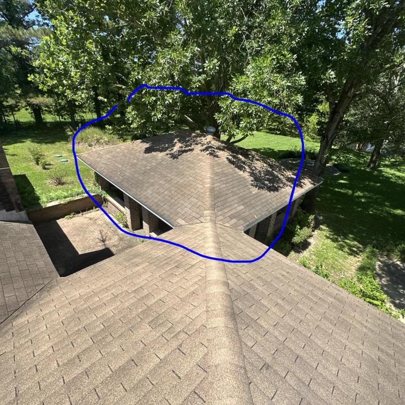 Asphalt shingle roof section with ridge vent under tree shade