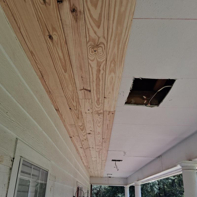 Tongue and groove ceiling installation on porch