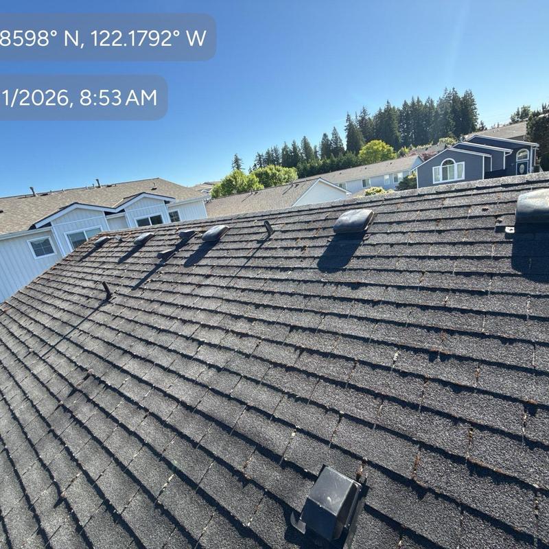 Asphalt shingle roof with vents under clear sky