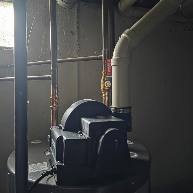 40-gallon power vent water heater with PVC vent pipe
