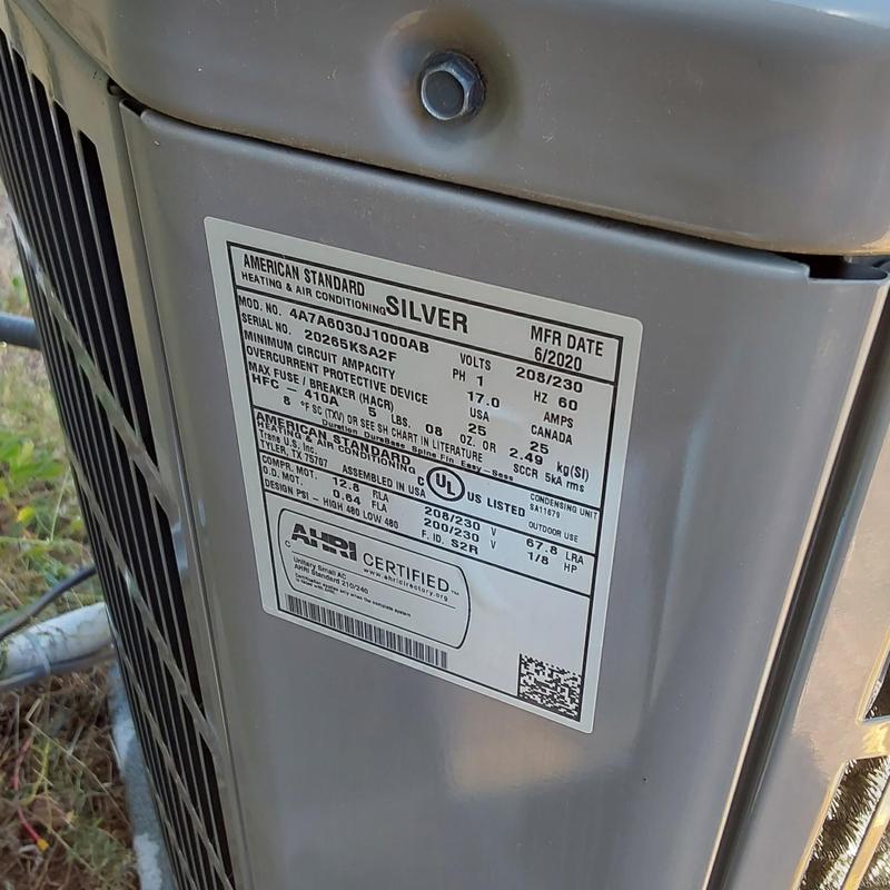 American Standard air conditioner label on unit