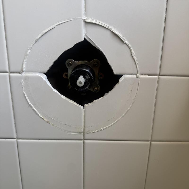 Price Pfister shower valve behind cut tile panel