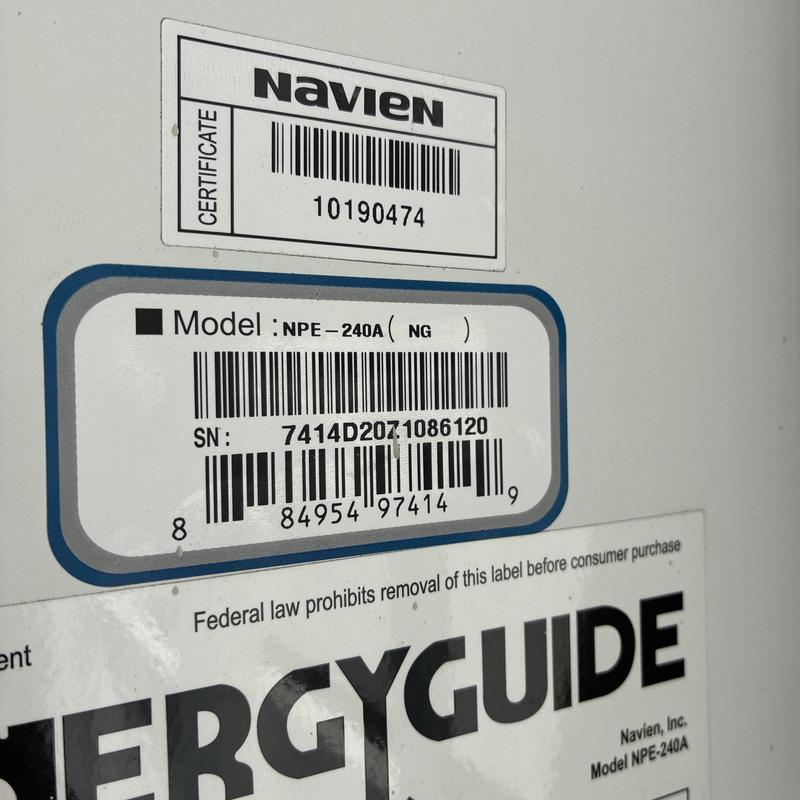 Navien tankless water heater model and serial tags