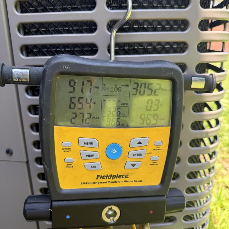 R410A refrigerant manifold gauge on AC unit R410A refrigerant manifold gauge on AC unit