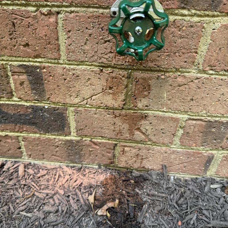 Frost proof hose bib with green valve on brick wall Frost proof hose bib with green valve on brick wall