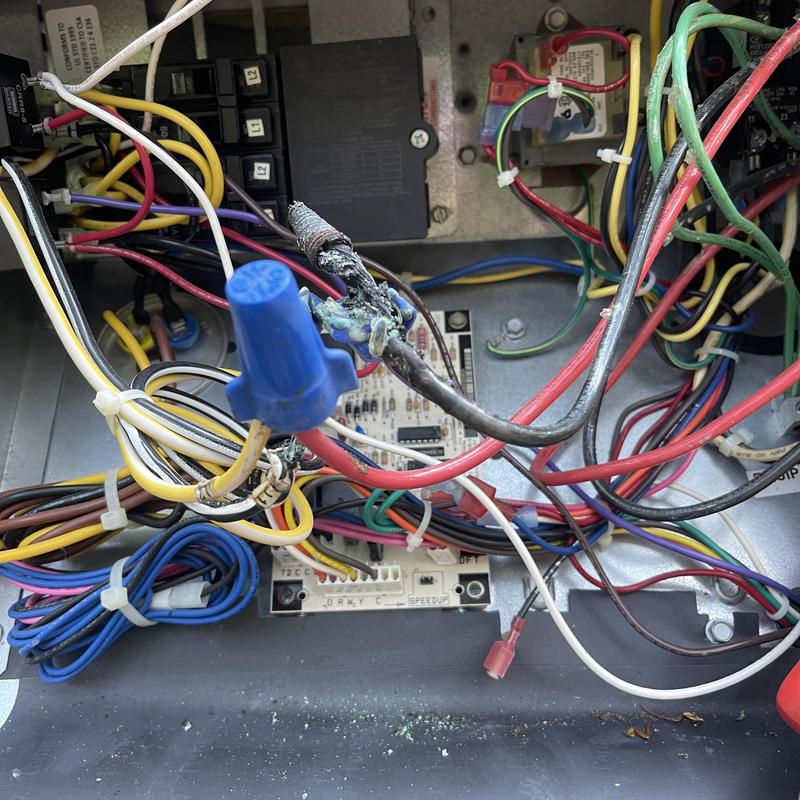 Burnt wires in HVAC package unit control panel Burnt wires in HVAC package unit control panel