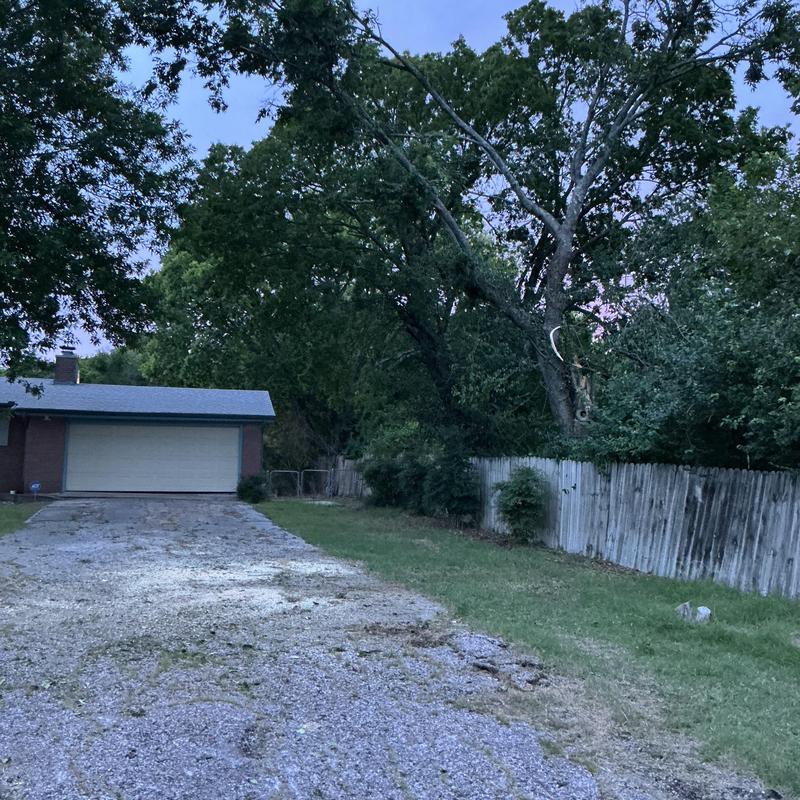 Storm-damaged tree leaning on wooden fence near driveway Storm-damaged tree leaning on wooden fence near driveway